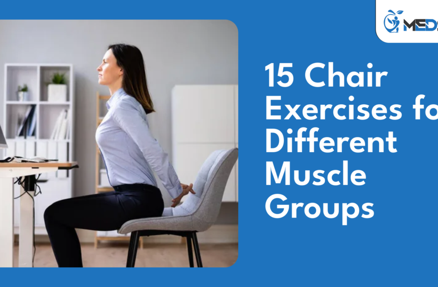 A women doing Exercise on her chair with the title of "15 Chair Exercises for Different Muscle Groups"